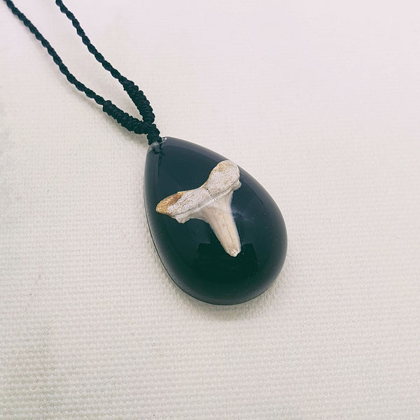 Shark Tooth Embedded in Black Resin Teardrop Necklace