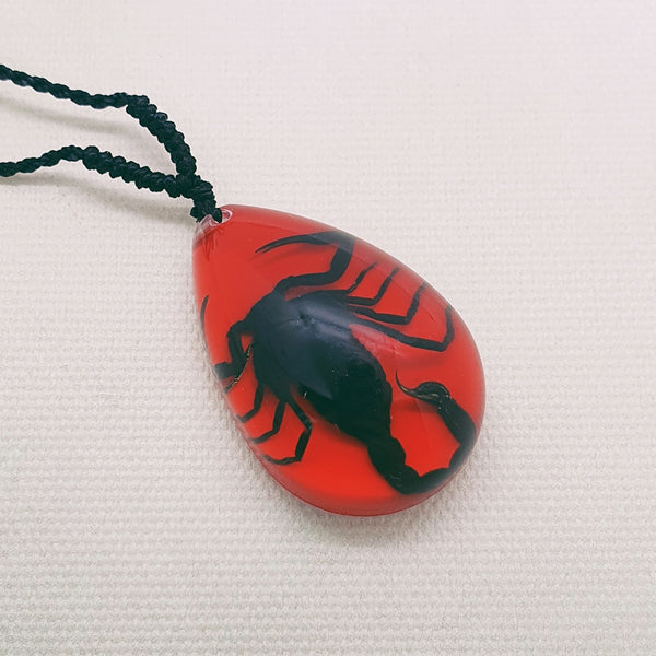 Black Scorpion in Red Resin Teardrop Necklace