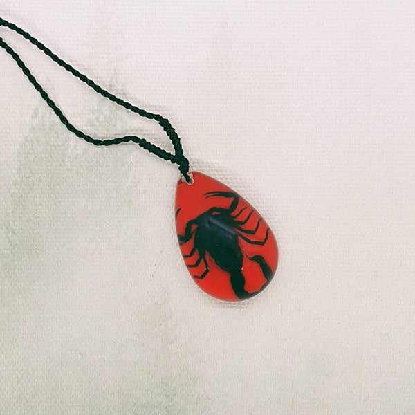 Black Scorpion in Red Resin Teardrop Necklace