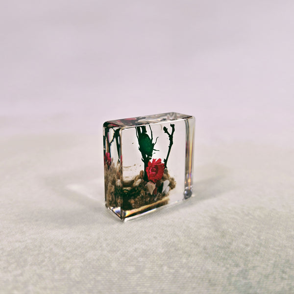 Green Cockchafer Garden Scene in 38mm Square Resin Block