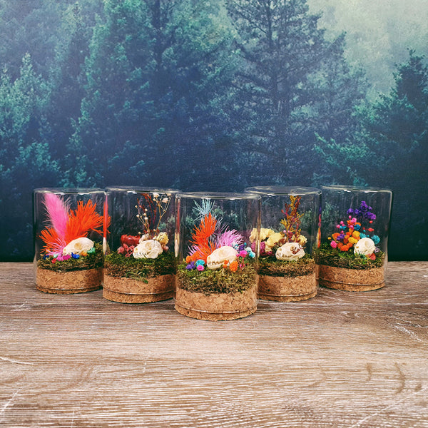 Fruit Bat Skull + Florals in Glass Terrarium