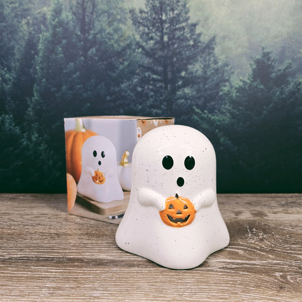 Ghost Shaped Ceramic Tealight Candle Holder with Pumpkin