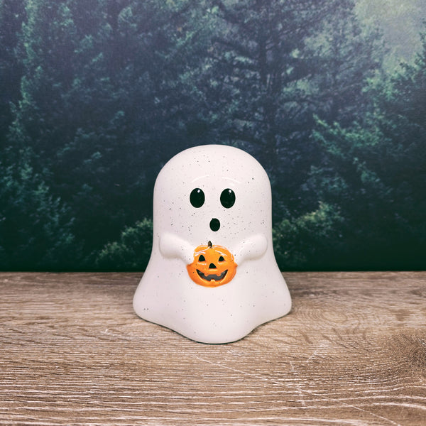 Ghost Shaped Ceramic Tealight Candle Holder with Pumpkin