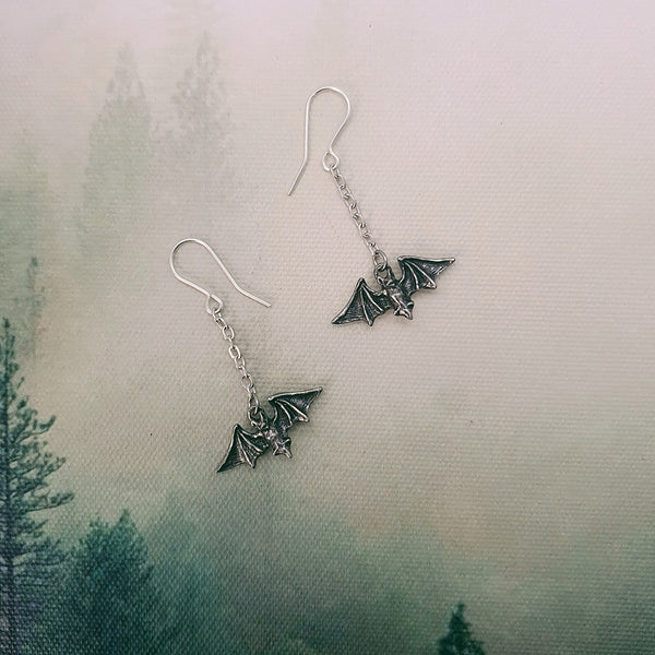 Flying Bat Dropper Pewter Earrings by Alchemy Gothic